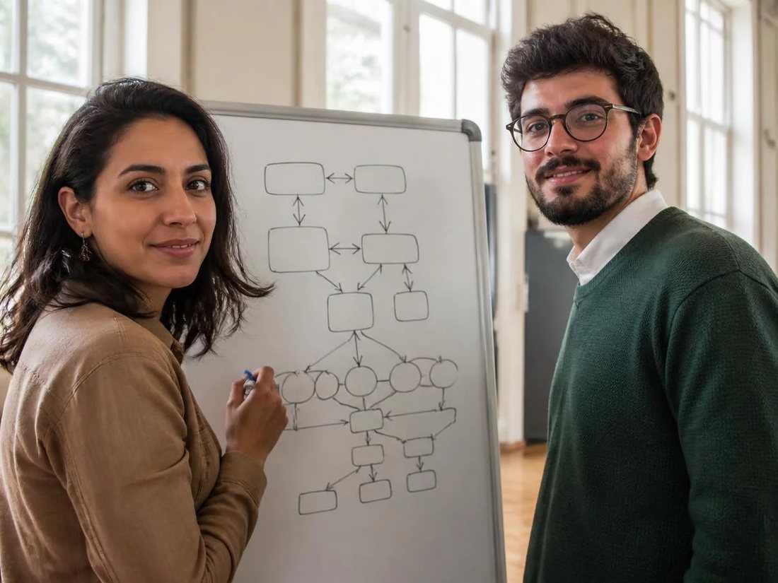 Duas pessoas diante do quadro branco com a armação de um argumento rabiscada