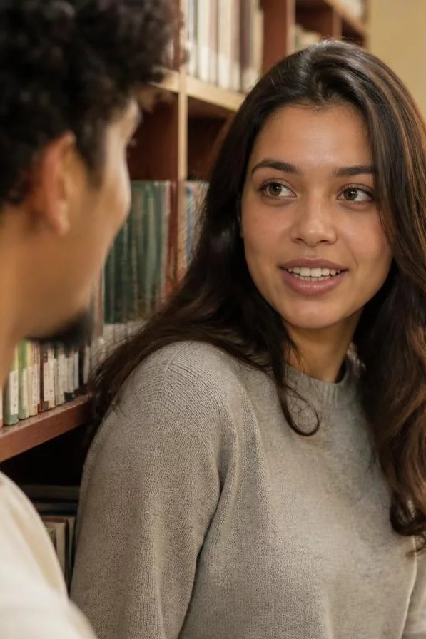 Duas participantes de pé conversando no corredor entre prateleiras de livros